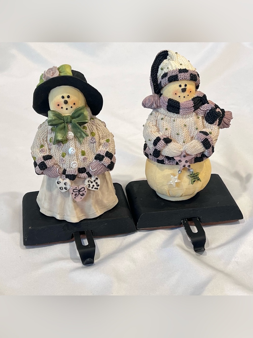 Vintage Artisan Flair Plum Pudding Snowman Stocking Holders Set of 2